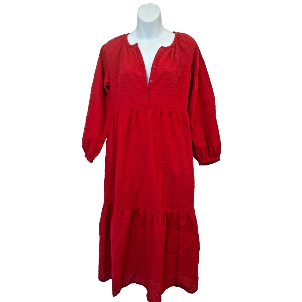 Old Navy Maxi Dress Sz XS Red Peasant Seersucker Long Sleeve Tiered Empire Waist - Picture 1 of 7